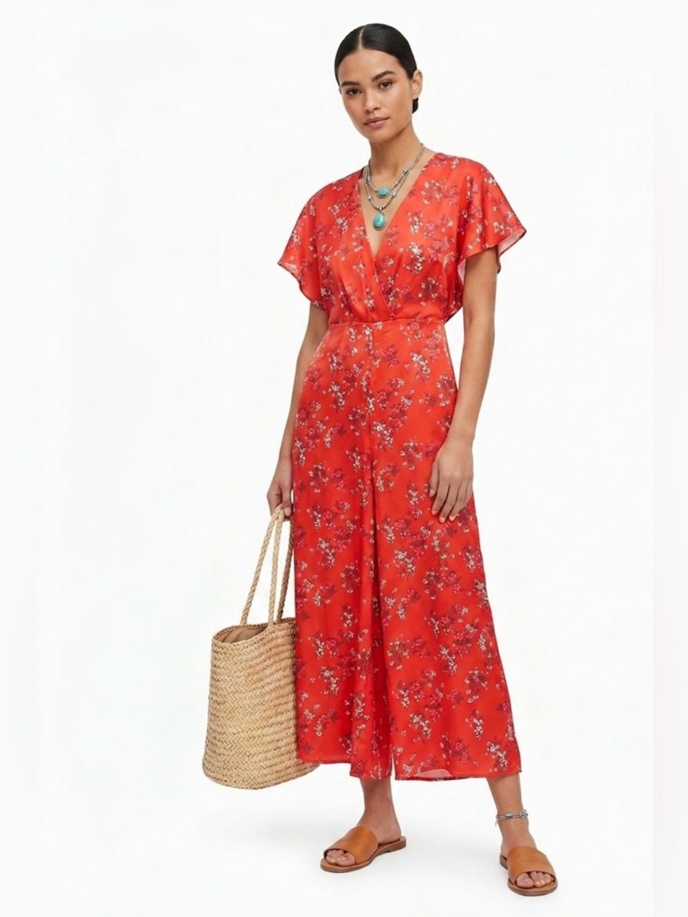 KEEPSAKE the Label $225 “Stop Me" Wrap Wide Leg High Rise Jumpsuit S Red Floral